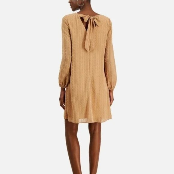 INC Hazel Wood Textured Long-Sleeve Shift V-Neck Dress Tie Back Detail - M - Picture 2 of 11